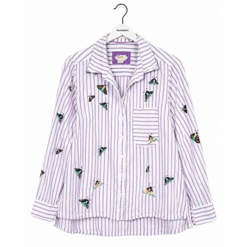 Maeve Anthropologie Butterfly Shirt Womens Medium Purple White Cotton Stripe Top